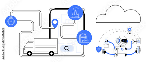 Delivery truck with route navigation on a tablet, connected to an AI robot managing tasks with automation tools. Ideal for logistics, AI, supply chain, delivery, smart tech, cloud solutions, simple
