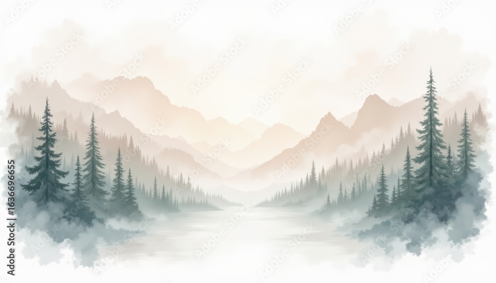 Fototapeta premium Misty mountain landscape, enchanting scenery of pine trees and fog misty