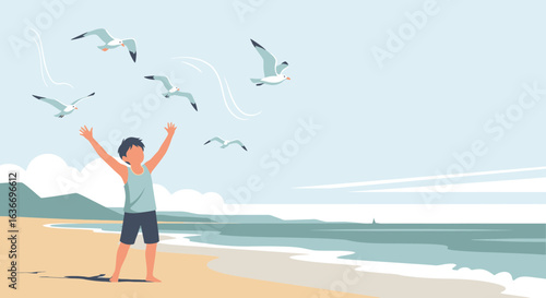 Carefree Summer Fun: A Boy Rejoicing with Seagulls on Sandy Beach