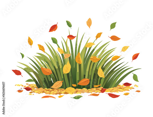 Green Grass Bush with Colorful Autumn Leaves