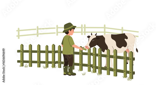 Caring Farmer Feeds Cow with Fresh Grass, Vector Illustration Scene