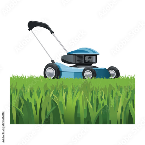  Freshly cut green lawn with a large, modern blue lawn mower, ready for gardening