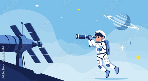 Cartoon astronaut looking through telescope with planets stars and space station illustration