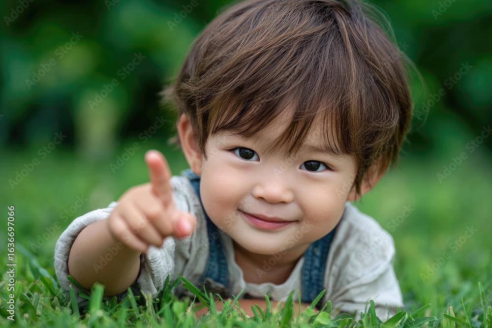 A cute little boy, smiling and pointing at the camera with his right hand on green grass in a summer park A cute little boy, smiling and pointing at the camera with his right hand on green grass in a summer park