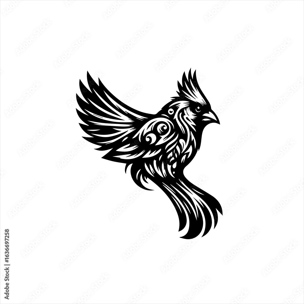 Fototapeta premium Stylized black cardinal bird in flight with tribal patterns