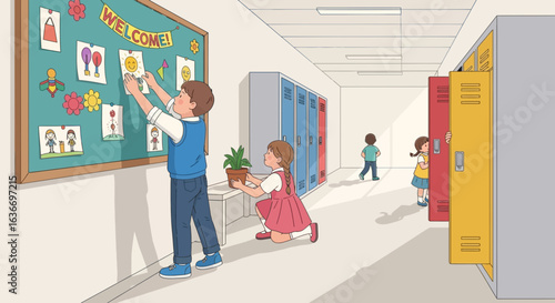 Cartoon depiction of students decorating a school hallway with artwork and plants portraying collaboration and school spirit
