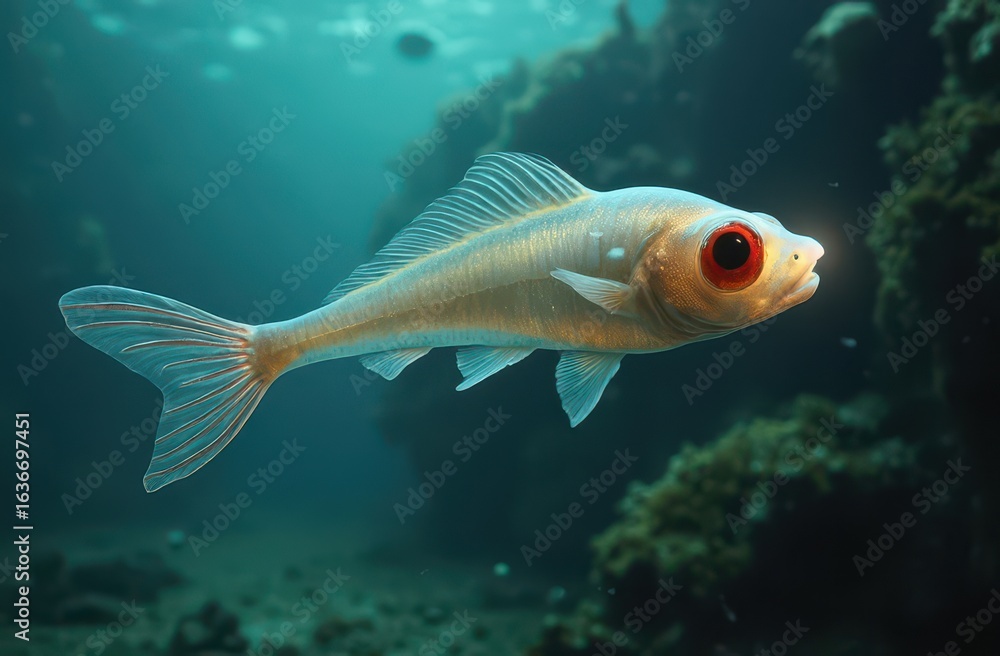 Naklejka premium A ghostly pale oarfish with red dorsal fin and oversized eye floating near sunken wreckage. Generative AI