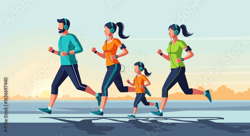 Cartoon family running together outdoors for exercise and healthy lifestyle vector illustration