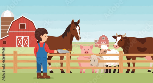 Cartoon Farmer Feeding Animals On a Farm Illustration With Red Barn Backdrop