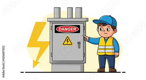 Cartoon illustration emphasizing electrical safety near a high voltage transformer box posing a danger