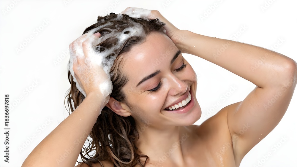 Naklejka premium A smiling woman with wet, soapy hair is washing her hair against a plain white background.