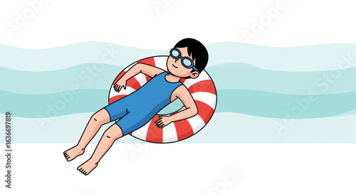 Cartoon illustration of a boy floating in the water with a life preserver ring smiling happily