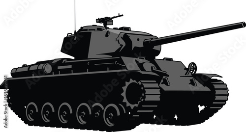 Tank illustration, black and white military vehicle, armored warfare icon, front side view, combat machine, tracked weapon system, vector graphic
