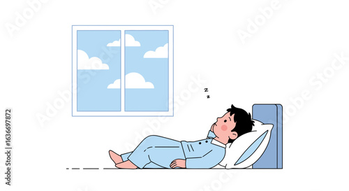 Cartoon Illustration of a Boy Sleeping Peacefully in Bed Near a Window with Clouds