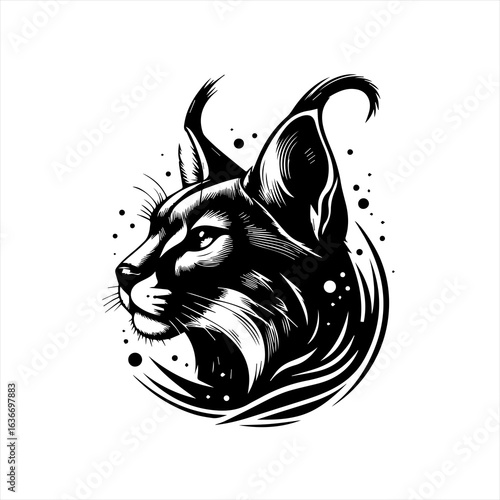 Striking black and white illustration of a lynx head in profile