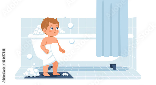 Cartoon illustration of a boy in a towel in a bathroom, with a bathtub and bubbles surrounding the scene evoking childhood freshness