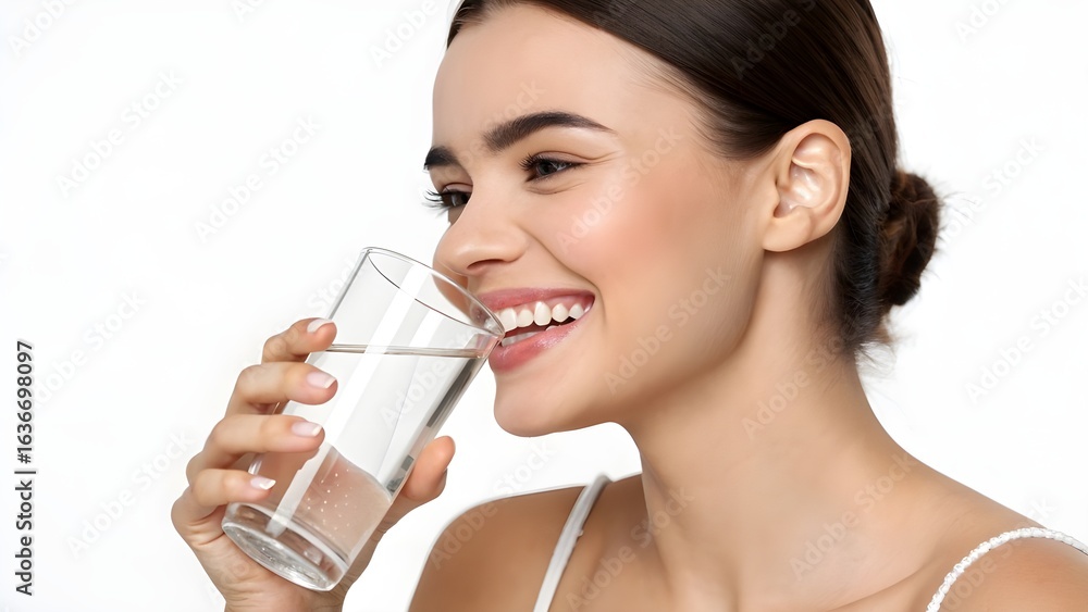 A young woman smiles while drinking a glass of water, showcasing hydration and healthy lifestyle. A young woman smiles while drinking a glass of water, showcasing hydration and healthy lifestyle.