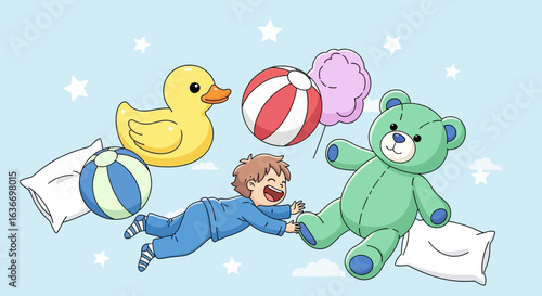 Cartoon Illustration of a Child in Pajamas Playing with Toys Against a Starry Background