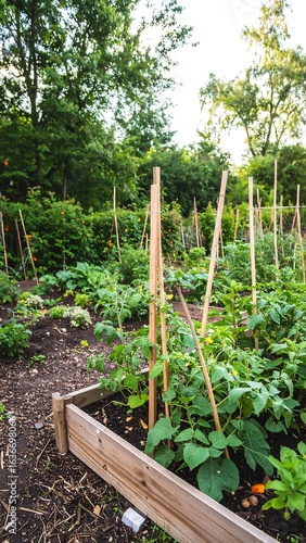A vibrant community garden thrives with various green plants and vegetables growing in neat rows. Raised wooden beds and support stakes highlight sustainable cultivation practices and organic farming.