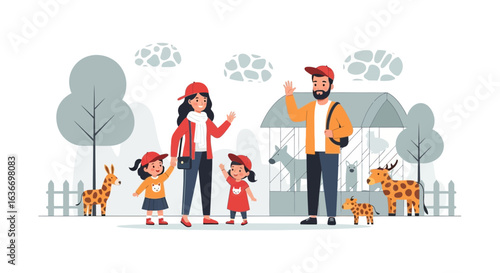Cartoon illustration of a family enjoying a day at the zoo observing the animals