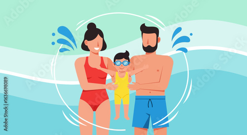 Cartoon illustration of a family swimming together and enjoying time at the beach or pool with joy and happiness