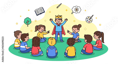 Cartoon illustration of a storyteller with a crown entertaining children with tales