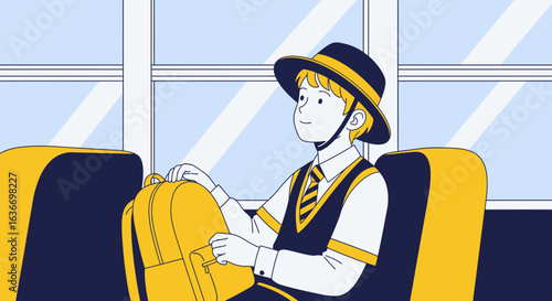 Cartoon illustration of a student boy in school uniform riding the bus to school