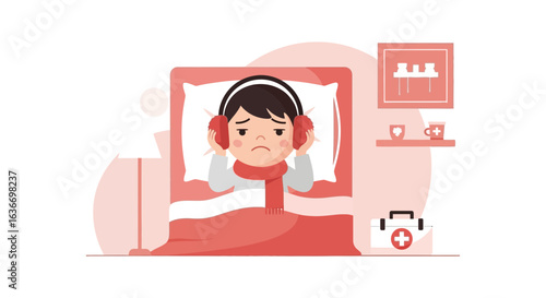 Cartoon illustration of a sick child resting in bed wearing earmuffs for sound protection