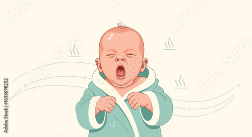 Cartoon Illustration Of A Yawning Baby Wearing A Spa Robe Ready For Bedtime