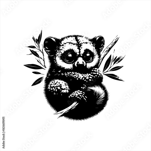 Cute slow loris clinging to a branch with leaves illustration