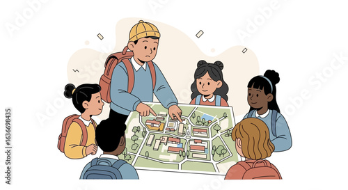 Cartoon illustration of group of children looking at map for school project guidance