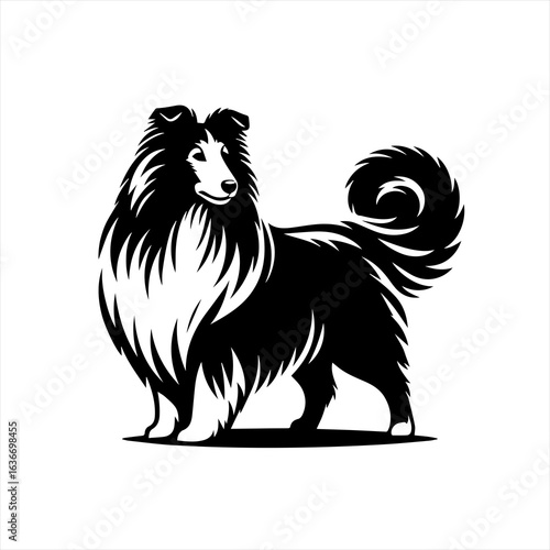 Stylized black and white silhouette of a shetland sheepdog