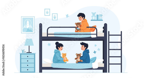 Cartoon illustration of kids playing with teddy bears on a bunk bed in a bedroom