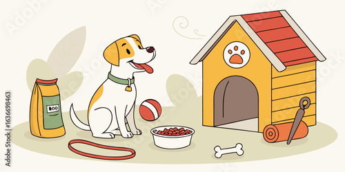 Happy dog with tongue out beside food, ball, leash, bed, bone, and dog house in a cartoon style