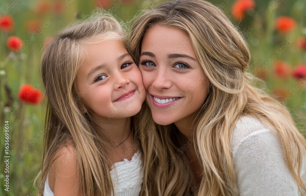 Obraz premium a woman and her daughter in a poppy field. The woman is wearing blue pajamas with red flowers, and they are kissing each other's cheeks, in a happy mood