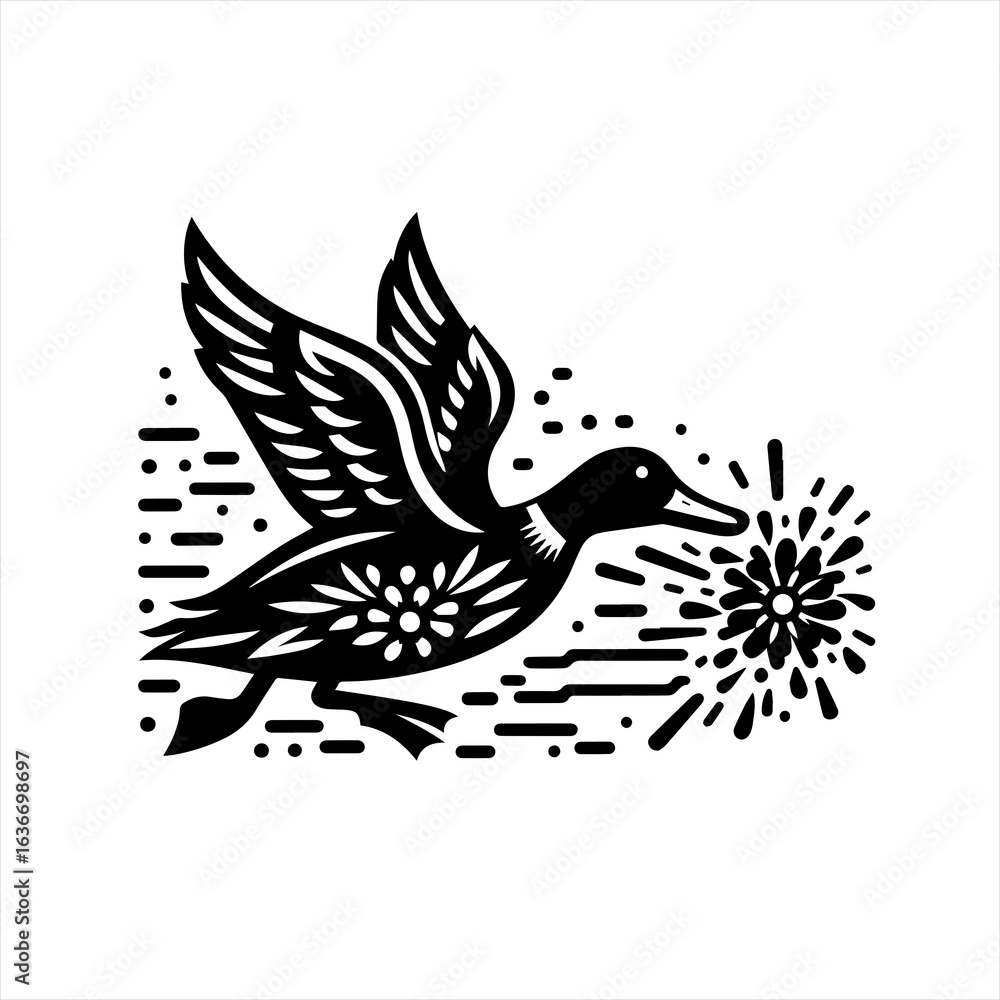 Fototapeta premium Stylized black duck in flight with floral design and water splashes