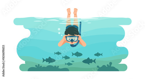Cartoon of a boy snorkeling underwater surrounded by fishes is perfect for children