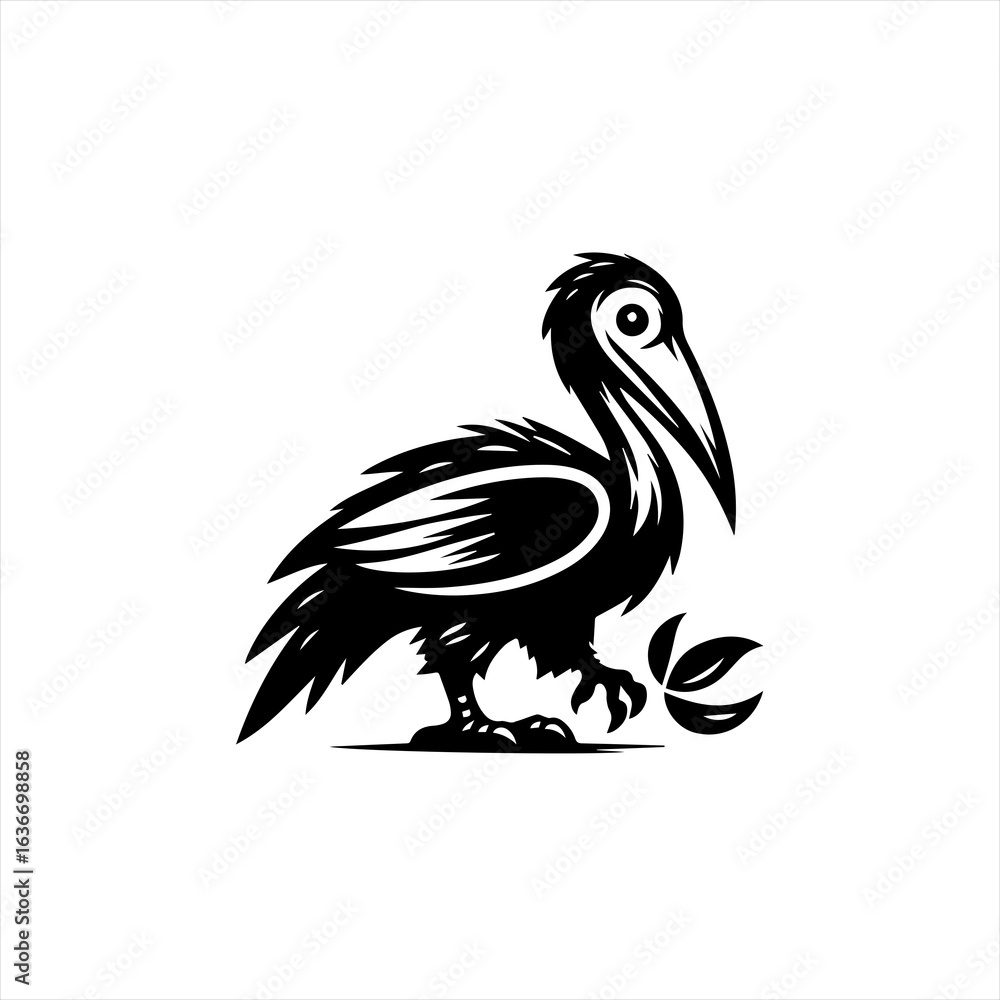 Obraz premium Stylized black silhouette of a pelican with leaves