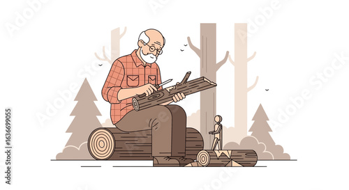 Craftsman Carving Wood in Forest with Miniature Wooden Assistant Concept