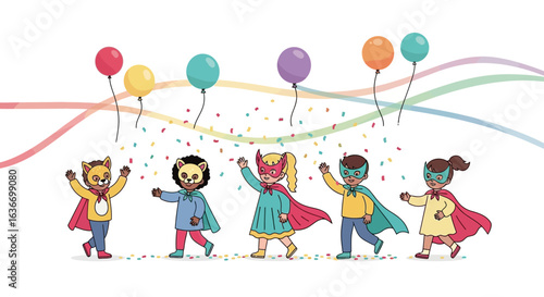 Celebrating Childhood: A Group of Children in Costumes Having a Party with Balloons