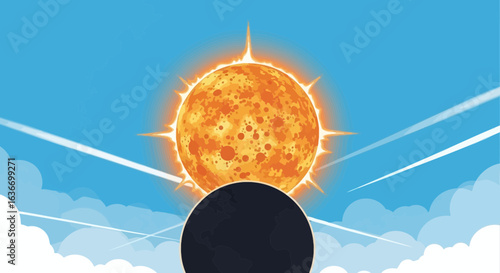 Celestial Spectacle Orange Sun Meets Dark Circle Under Blue Cloudy Sky