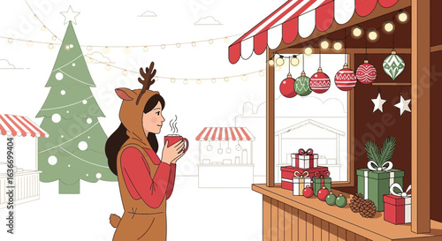 Charming Christmas Market Illustration with Woman, Tree, and Festive Stalls, Holiday joy