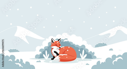 Charming illustration of a sleeping fox in a snowy winter landscape scene
