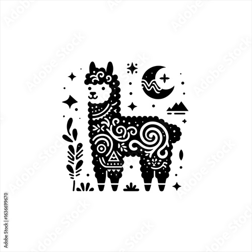 Ornate llama with moon and stars