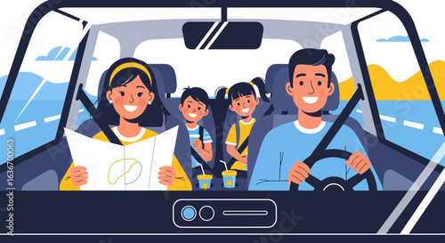 Cheerful Family Road Trip Exploring and Navigating Scenic Route Together