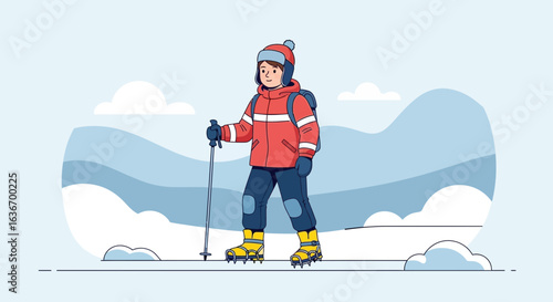 Cheerful Hiker Man Trekking Through Snowy Mountain Landscape Illustration
