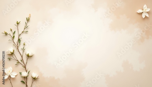 Serene minimalism, exquisite white flowers on a soft beige background for touch of elegant simplicity