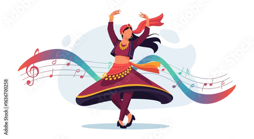 Cheerful Indian Woman Performing Traditional Dance With Musical Notes