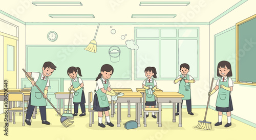 Cheerful Students Collaborate on Cleaning the School Classroom Together After Class