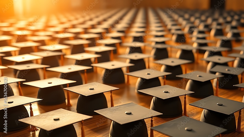 Fototapeta premium Rows of graduation caps neatly arranged on wood, glowing under warm, celebratory illumination.